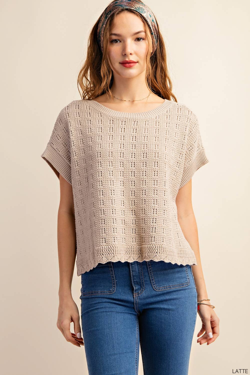 LATTE COTTON THREAD TEXTURE RELAX FIT SWEATER TOP