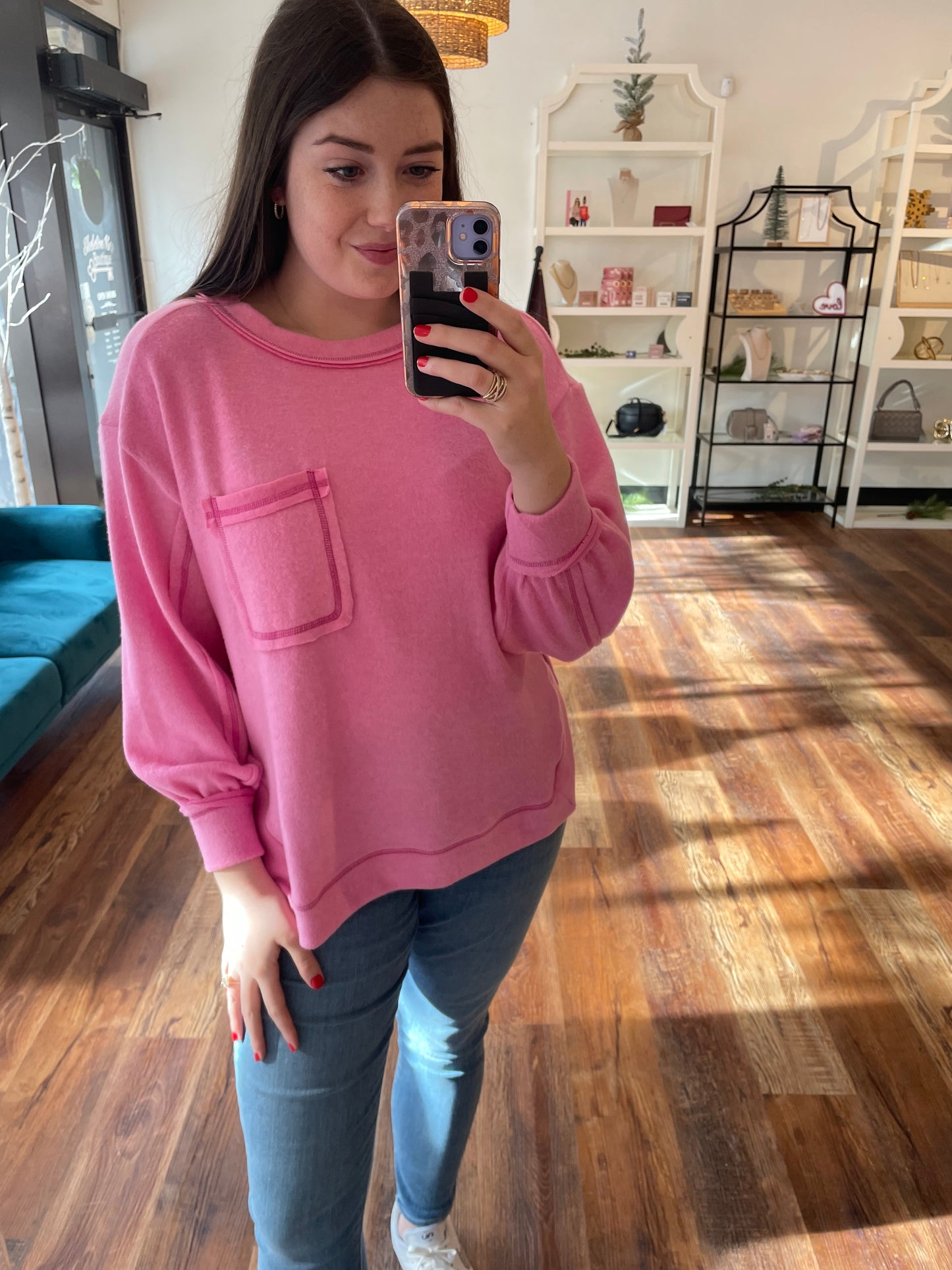 Candy Pink Brushed Top with Pocket