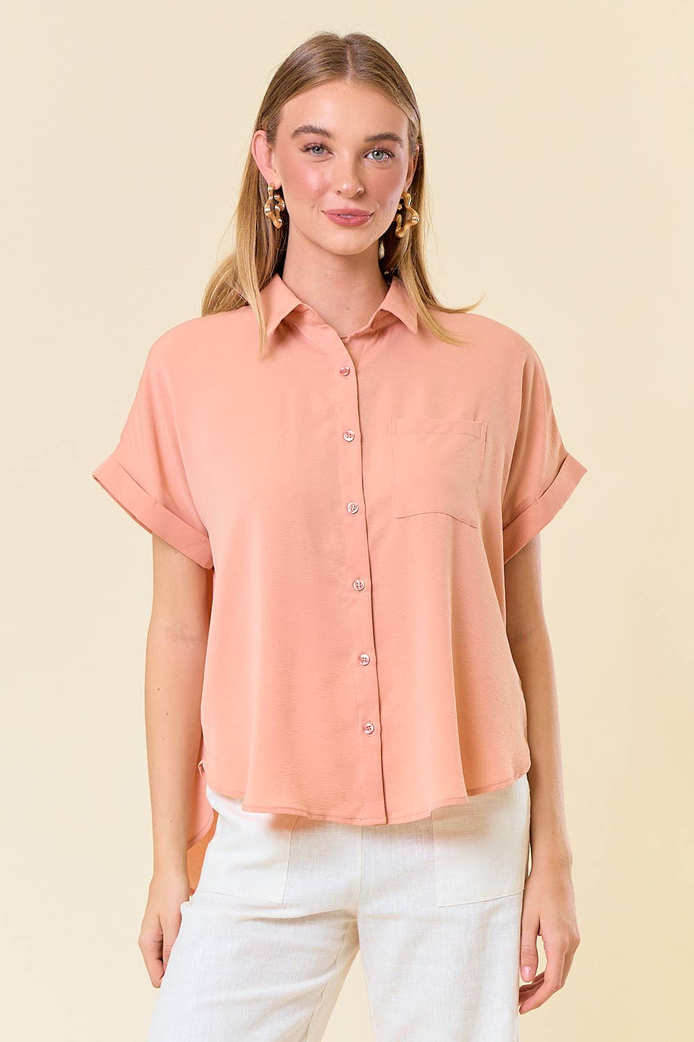 Salmon Collared  Short Sleeve Button-Down Oversized Top
