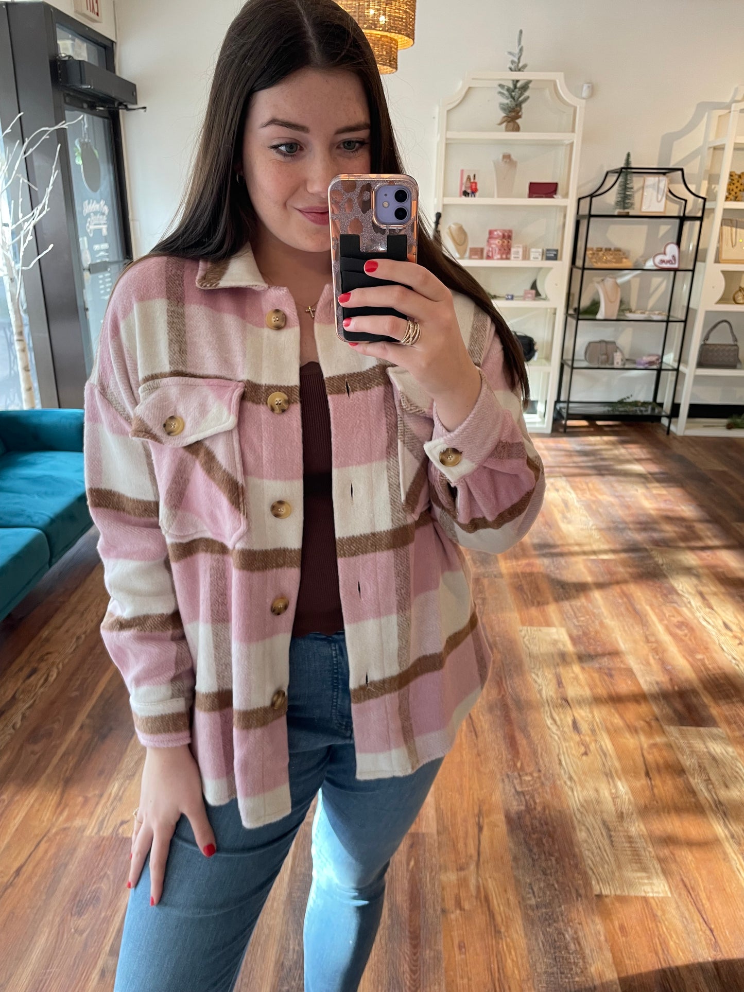 Pink and Taupe Plaid Shacket