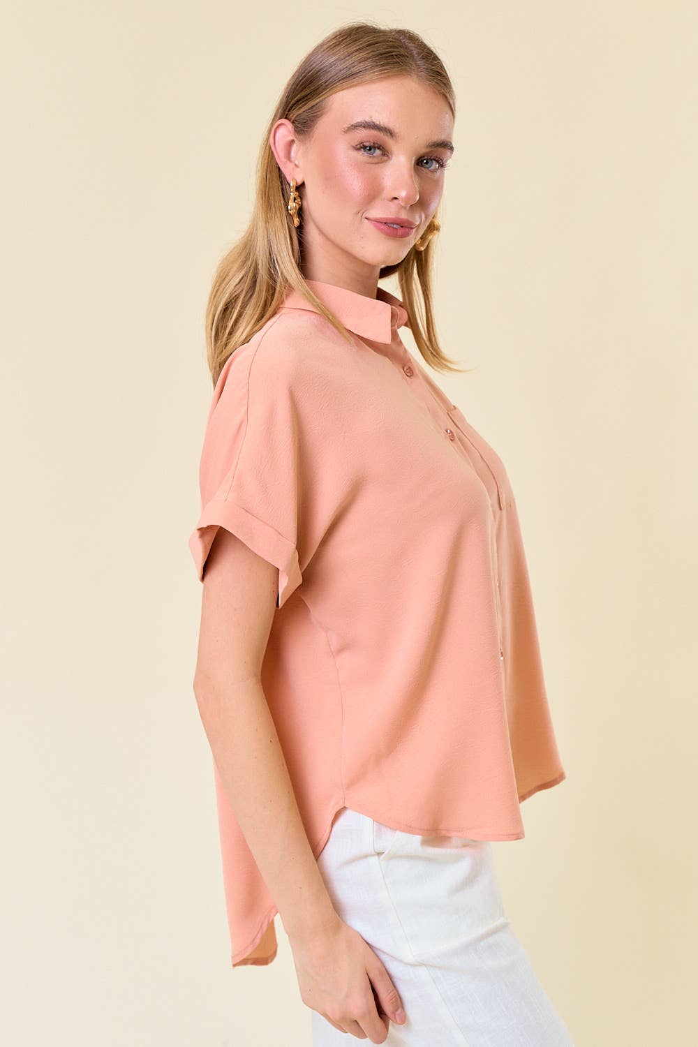 Salmon Collared  Short Sleeve Button-Down Oversized Top