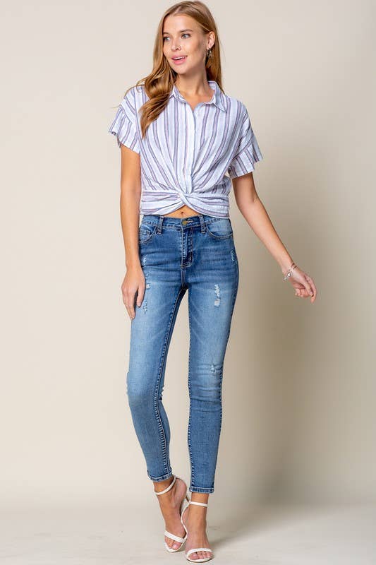 Blue Twisted Tie Crop Shirt W Back Smoking Band Detail