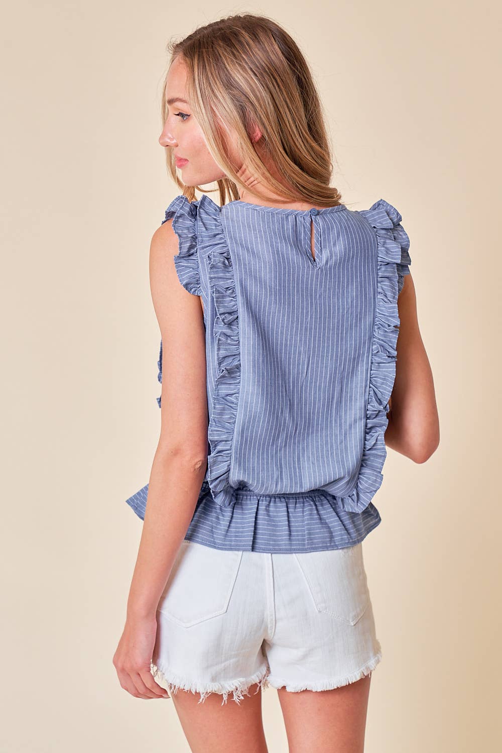 CHAMBRAY FRILLED DETAIL STRIPE TOP