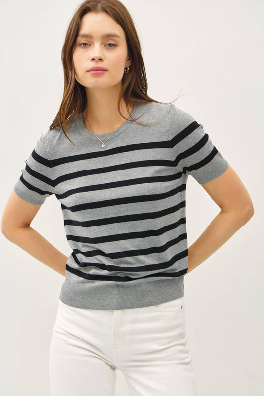 CHARCOAL CLASSIC STRIPED SHORT SLEEVE SWEATER