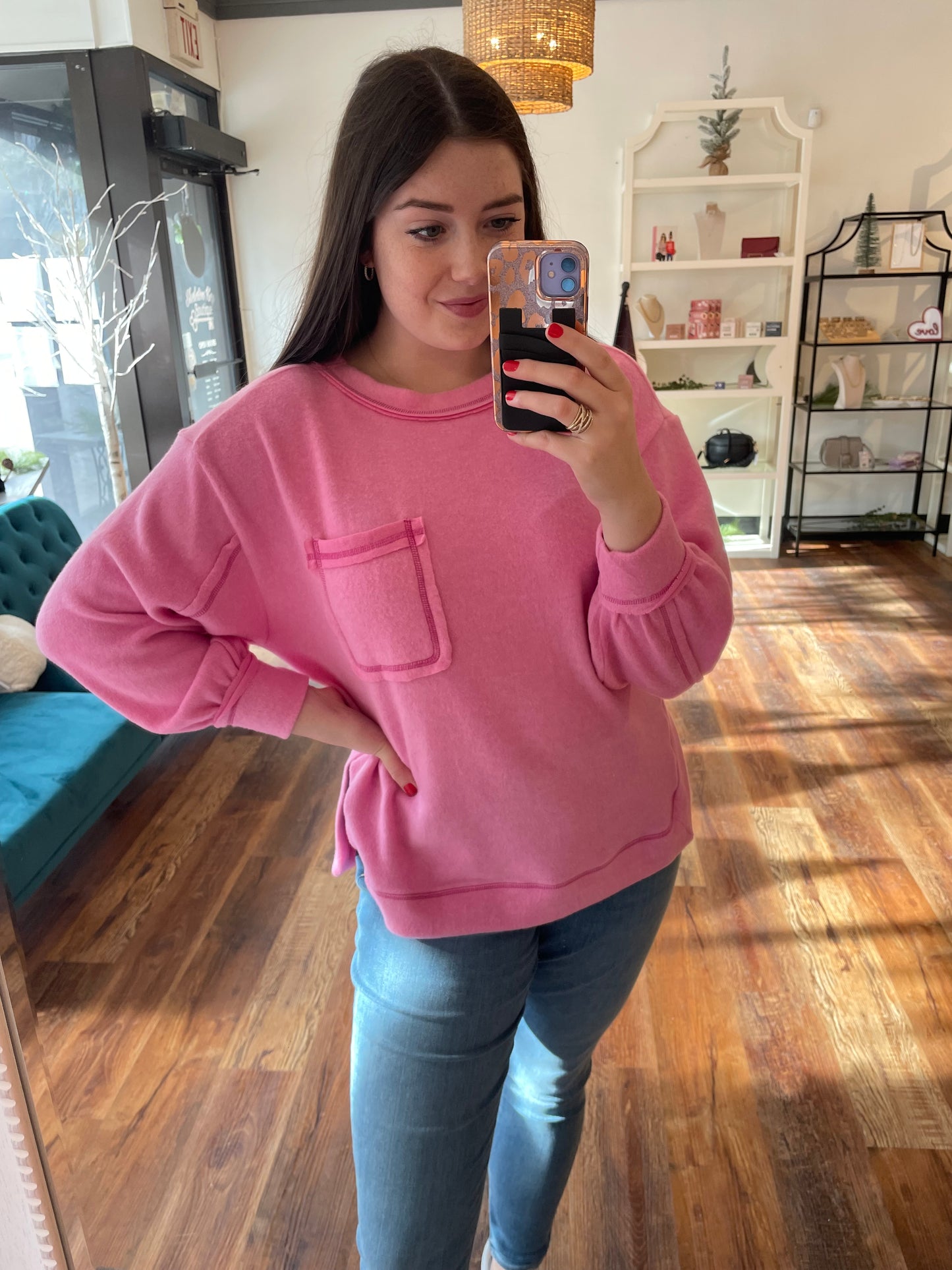 Candy Pink Brushed Top with Pocket