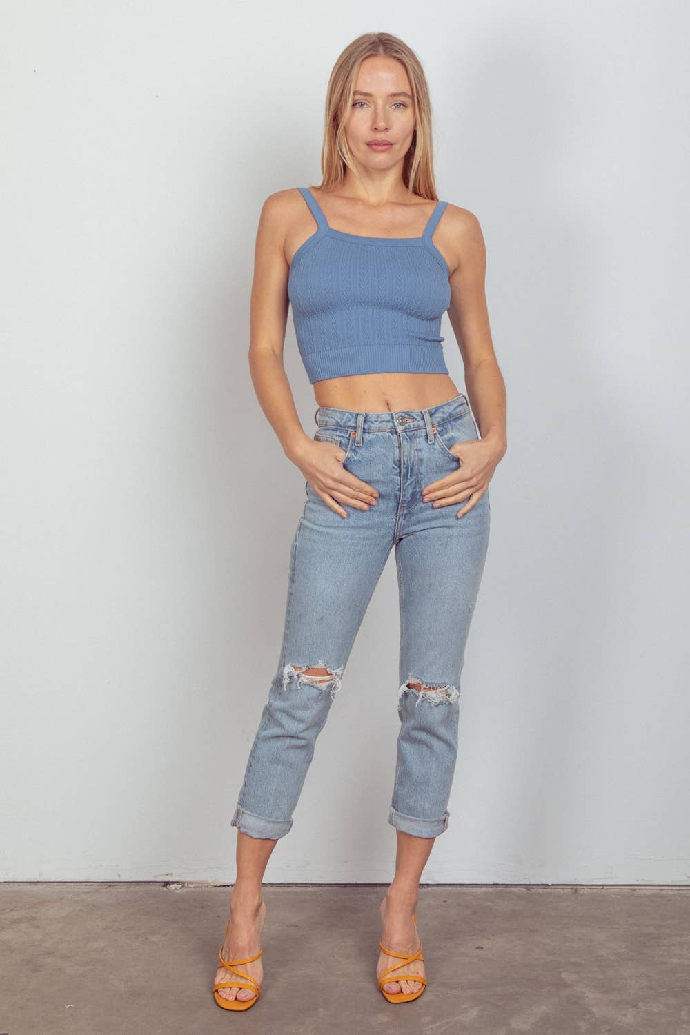 Denim Cable Ribbed Fitted Crop Knit Tank Top