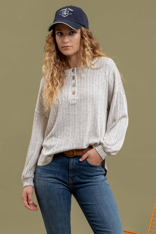 TAUPE HALF BUTTON STRIPED KNIT TOP