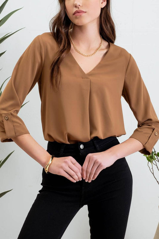 BROWN SOLID V NECK 3/4 TAB SLEEVE BLOUSE