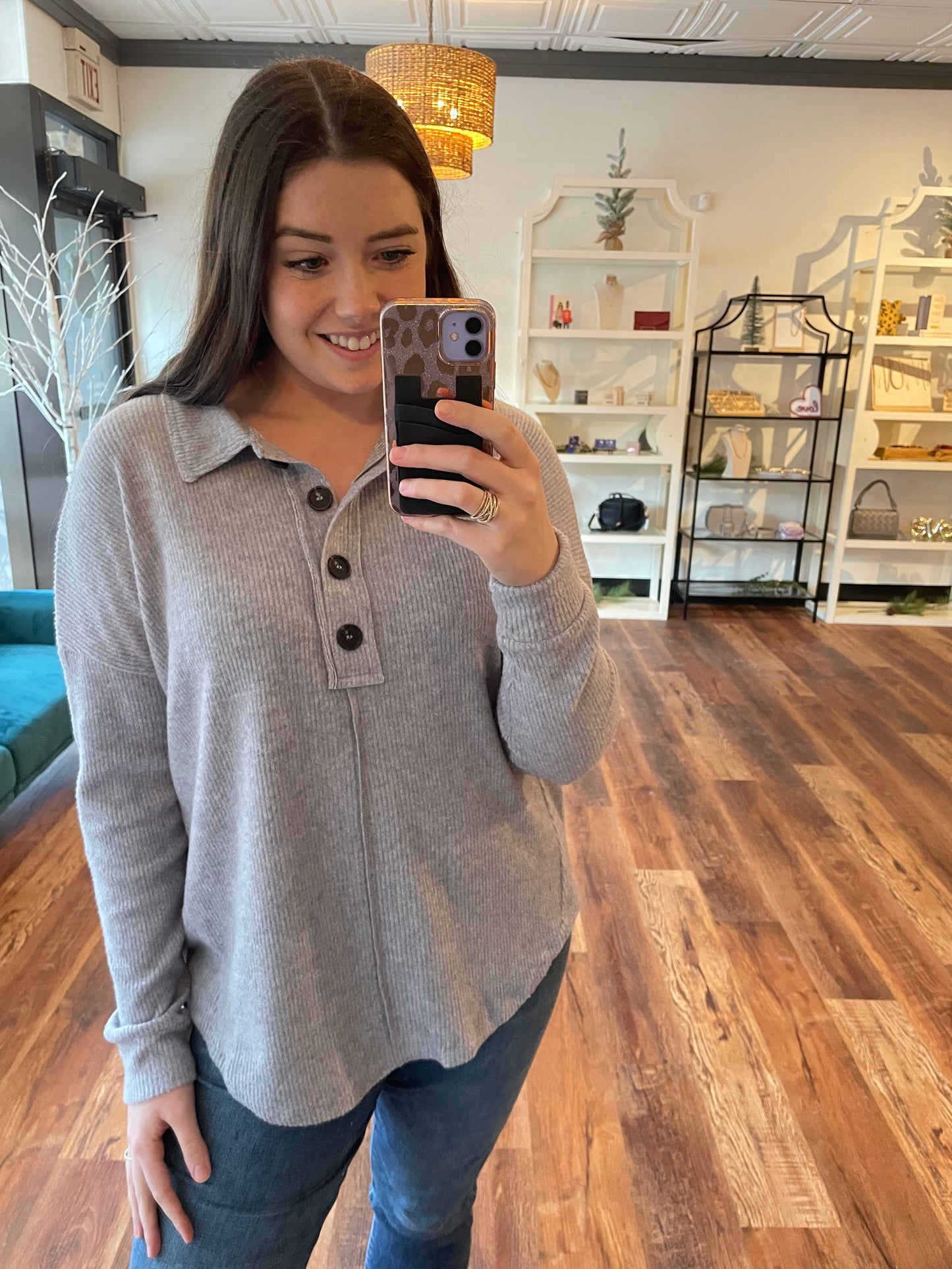 Heathered Grey Collared Button Top