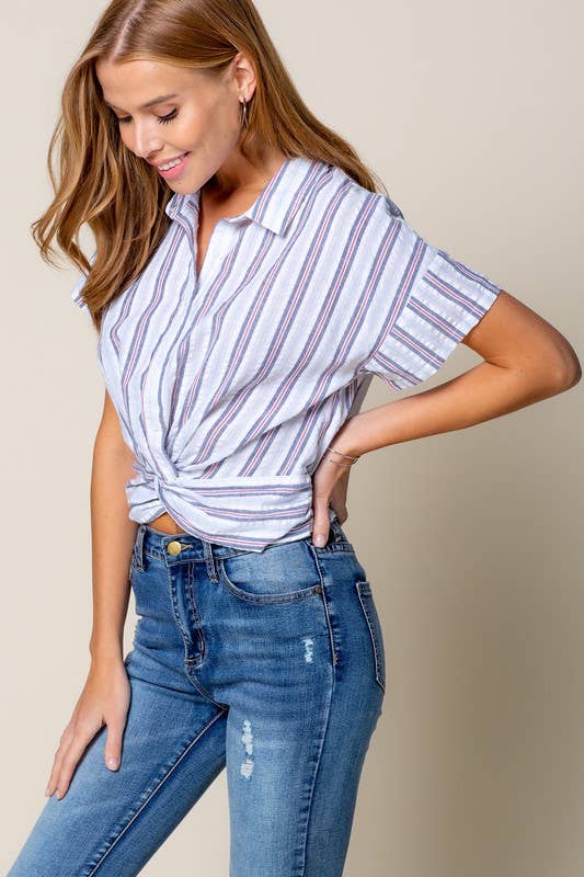 Blue Twisted Tie Crop Shirt W Back Smoking Band Detail