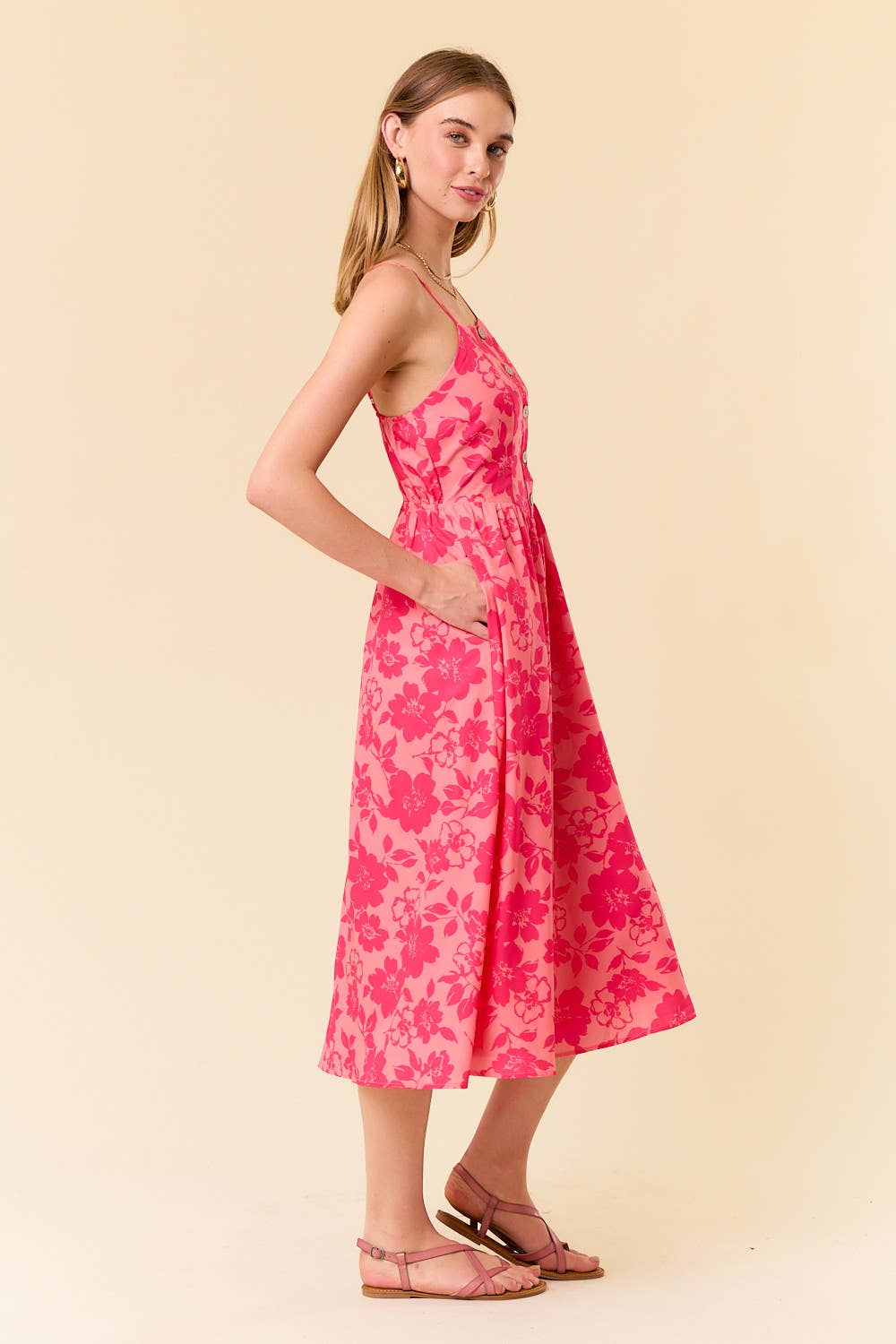 Fuchsia Two Tone Floral Button-Down Bodice Midi Dress
